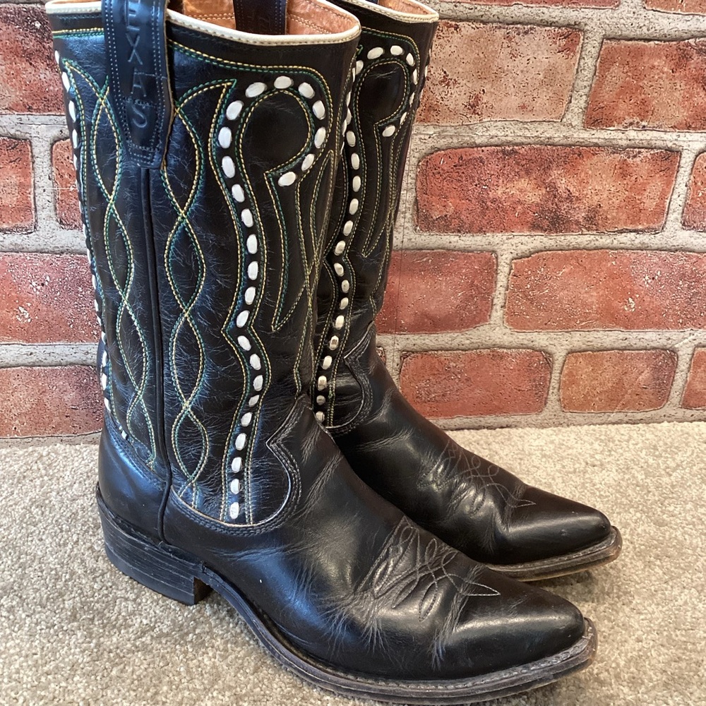 Women's Black Leather Western Heeled Boots with White Stud Detailing
